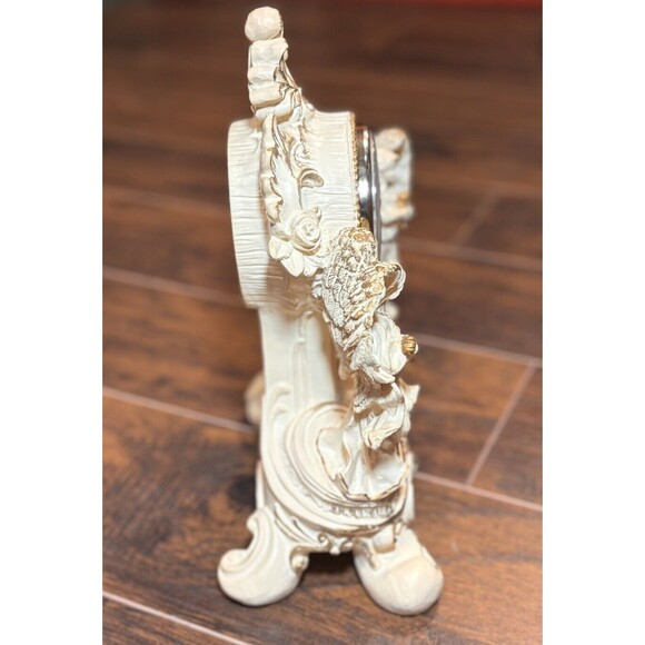 Vintage Double Angel Resin Desk Mantel Quartz Clock White/Gold Working - Picture 2 of 10